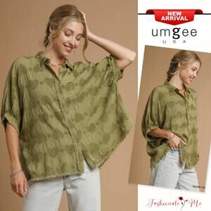 Umgee Jacquard Heart Pattern Raw Hem Collared Neck Oversized Shirt | Olive Green